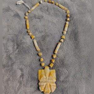 Vintage Mexican Onyx hand carved totem Pendant and beaded necklace